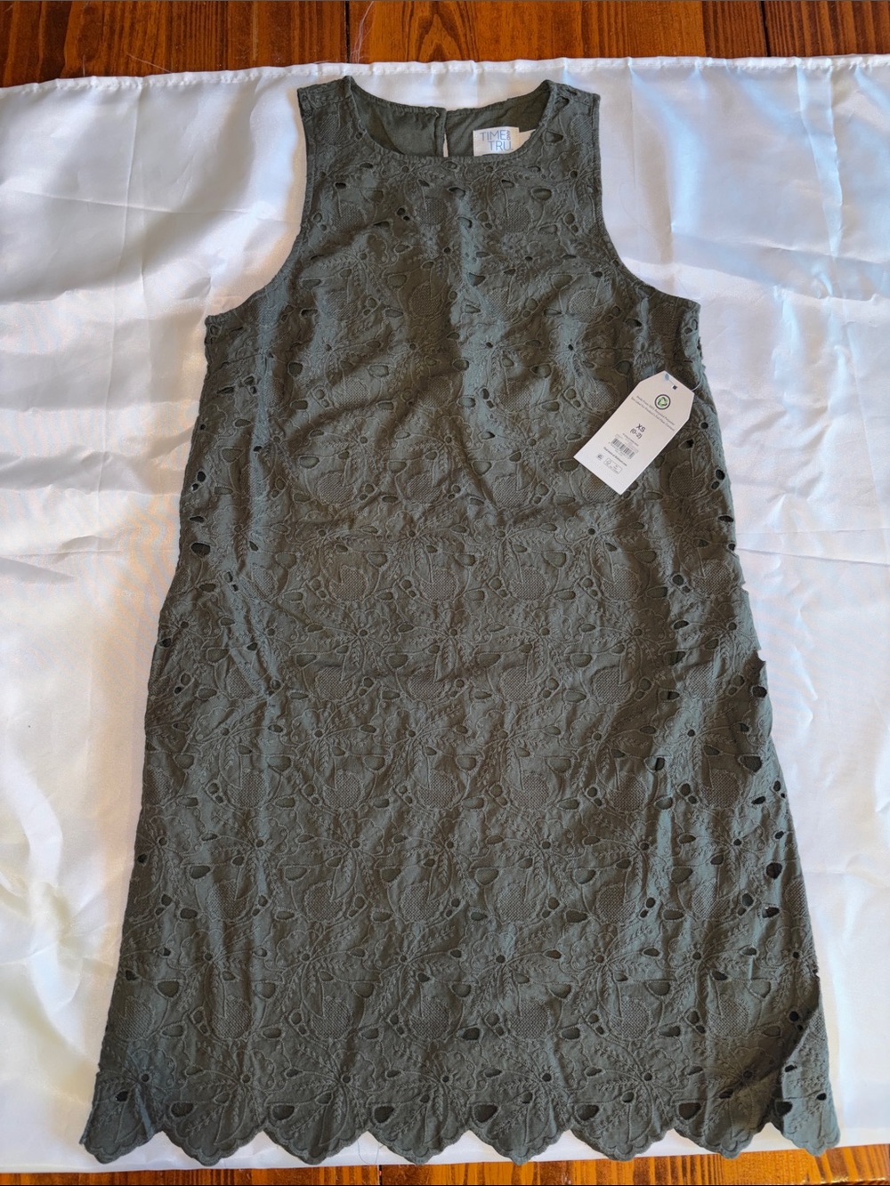 Time and Tru Olive Green Eyelet Sleeveless Mini Dress
